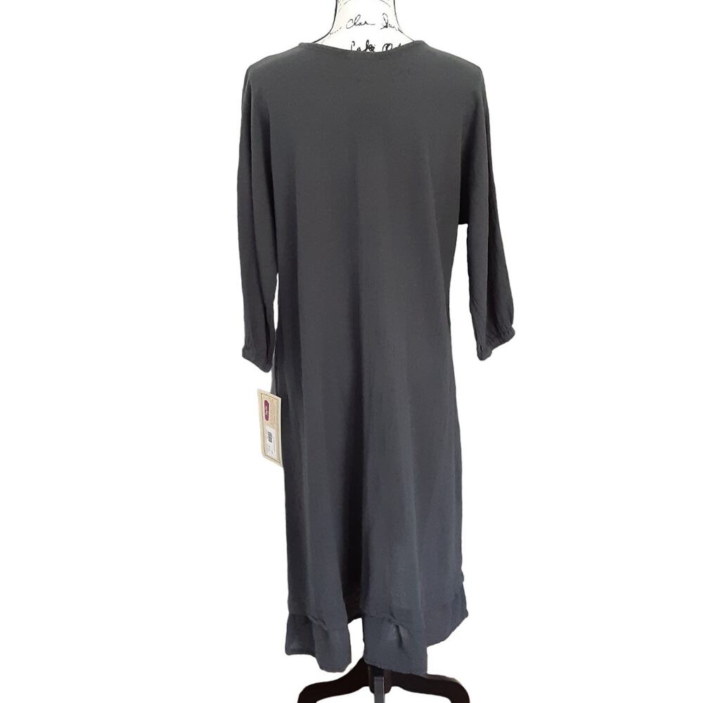 CottonWays Penelope Feed Sack Dress V Neck Cotton Gauze Gray Oversized Lagenlook - Picture 3 of 14